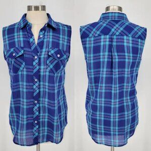 RAILS Sleeveless Sheer Blue Button Down Plaid Top EUC